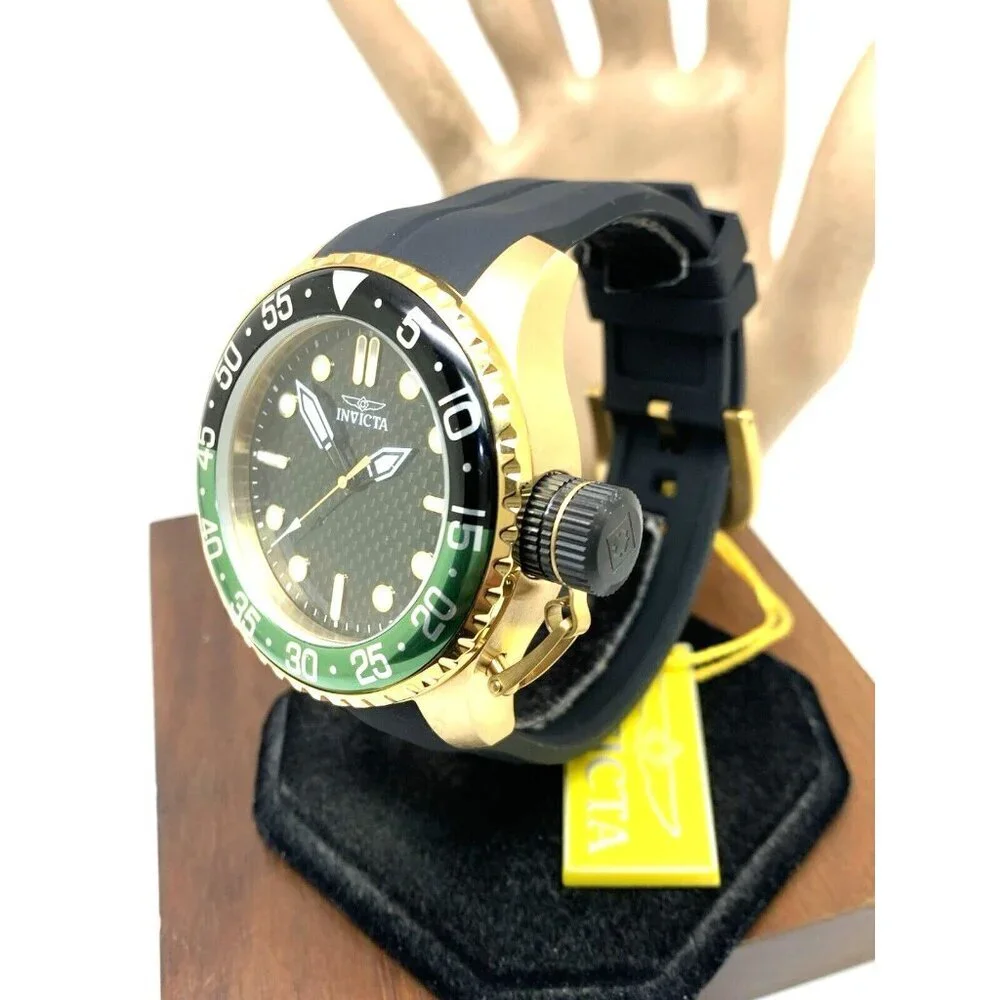 Invicta Men's Watch 35661 Pro Diver Quartz Gold Black Green Bezel Rubber Band